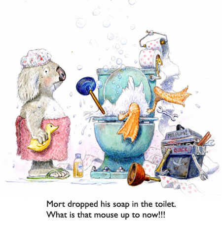Duck Takes the Plunge. Mort the Koala Bear dropped his soap in the toilet… so it’s up to the duck plumber to get it out.